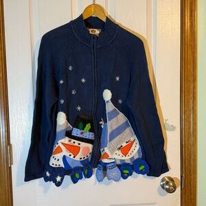 Tiara International Winter Blue Snowman Zip Front Cardigan Large